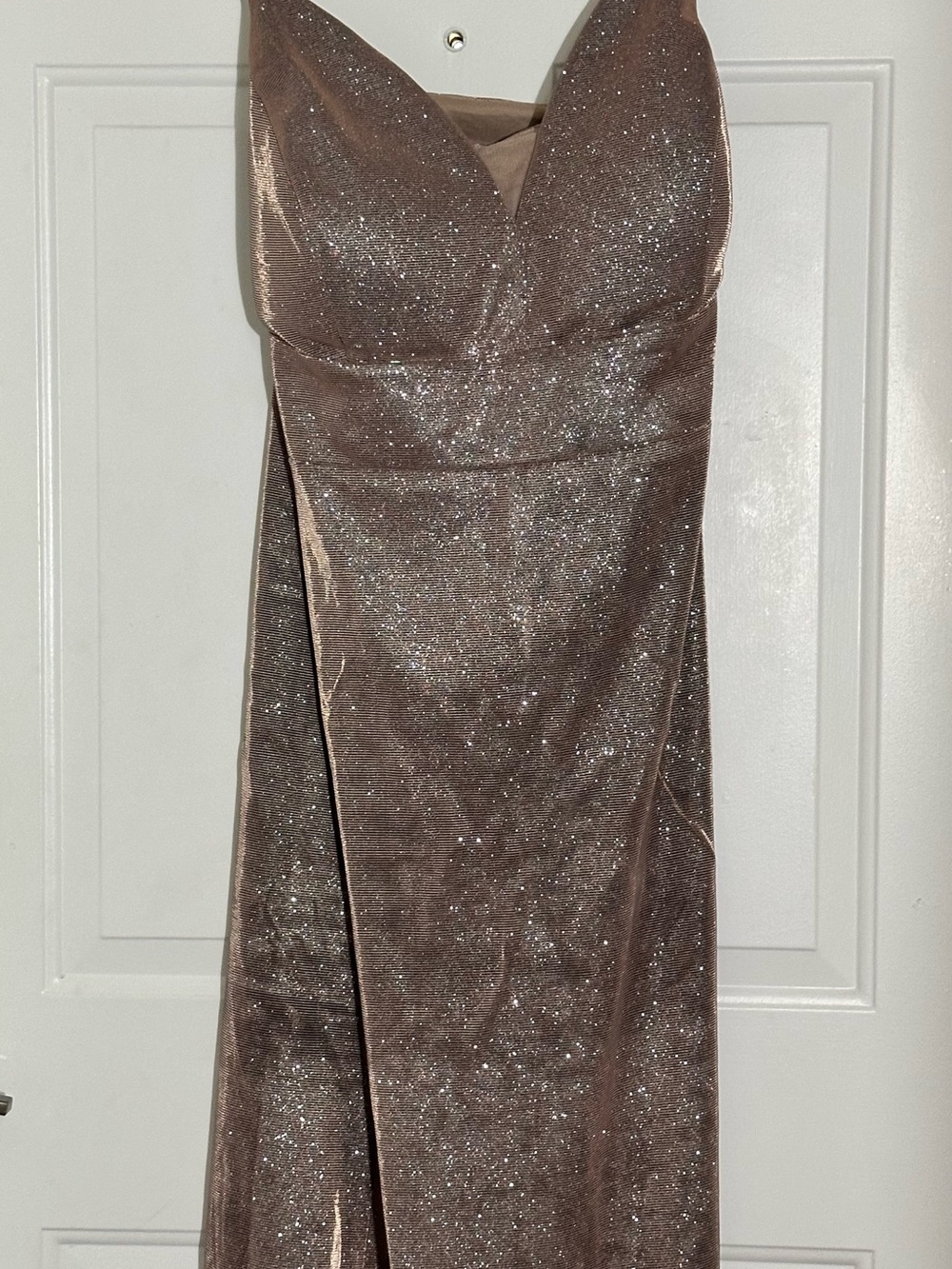 MORGAN & CO Rose Gold Metallic Shimmer High Slit Formal Gown Dress Size 20W